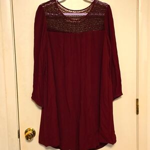 GAP Maroon/Dark Red/Wine Crochet Yoke Long Sleeve Babydoll Boho Dress Large